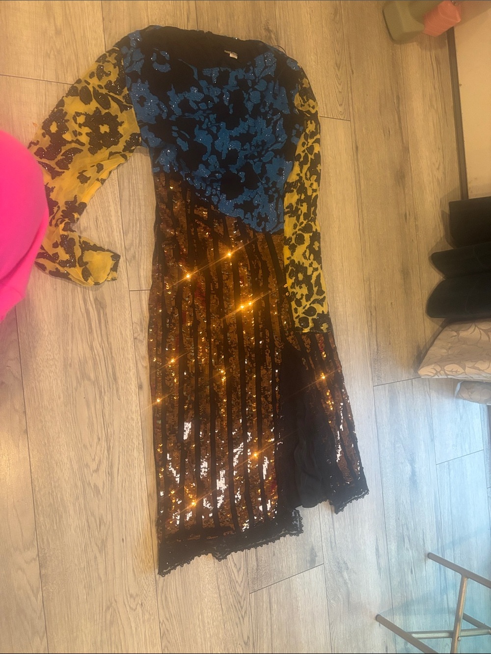 Rachel Comey Mixed-Print Sequin Midi Dress in Blue, Yellow & Black
